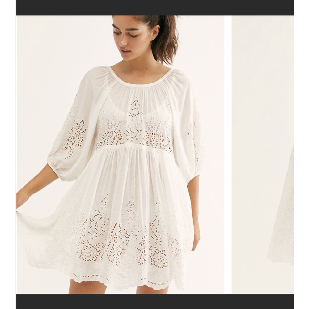 Free People White Eyelet Boho Flowy Balloon Sleeve Dress - Picture 6 of 8